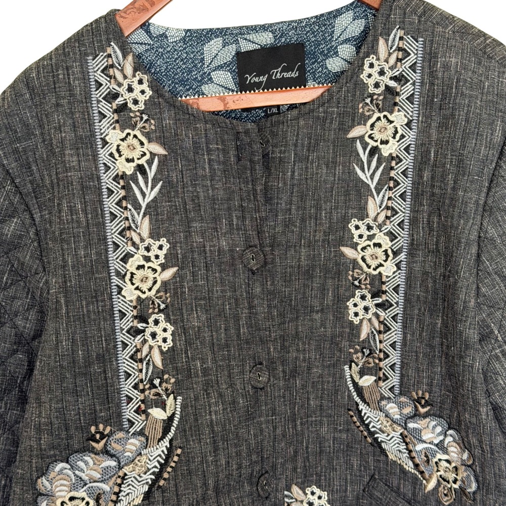 Young Threads Quilted Cotton Embroidered Button Front Jacket L/XL Charcoal NEW! - Picture 4 of 6